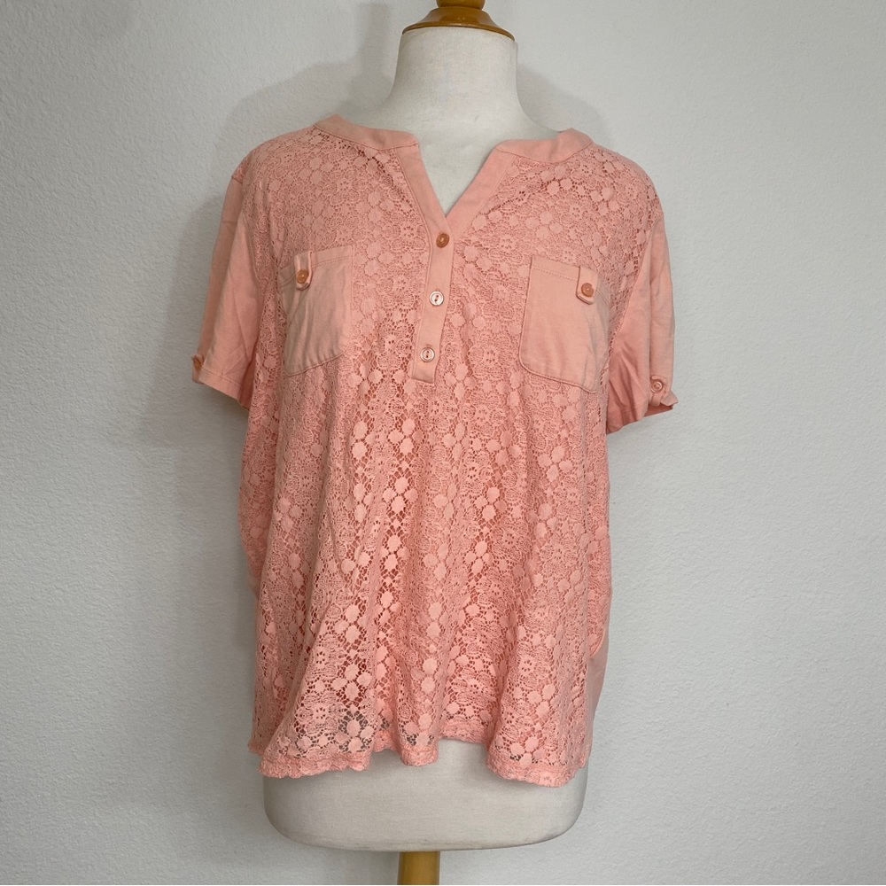 3/$25 Alfred Dunner Womens Peach Crochet Front Boxy T-Shirt Size XL Coastal Boho
